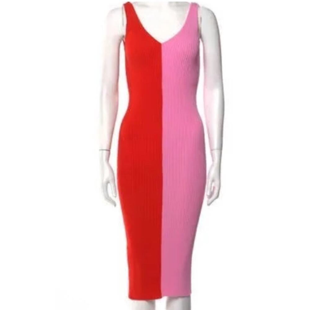 Ronny Kobo Stretch Bodycon Knee Length Sleeveless Pink and Red Knit Dress, M - Picture 2 of 6